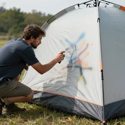 man spray painting a camping tent