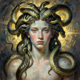 portrait of medusa as a boy with many pythons by greg rutkowski in the style of egon schiele