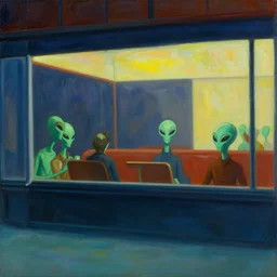 “ nighthawks by edward hopper, but with aliens in the cafe.