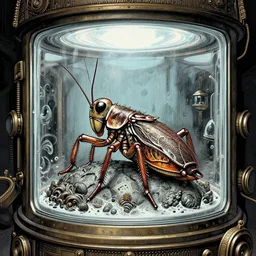steampunk cryo chamber containing a large cricket, high details, intricately detailed, by vincent di fate, inking, 3 color screen print, masterpiece, trending on artstation,, sharp, details, hyper - detailed, hd, 4 k, 8 k