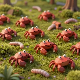 voidless of the festival!, The Graveyard, large group of crabs and worms, crawling along a bed of moss, low poly, creeper world, handcrafted, artstation, hyperrealistic, hard light, best practices, creeptastic, photorealism, macro perspective, cuddly