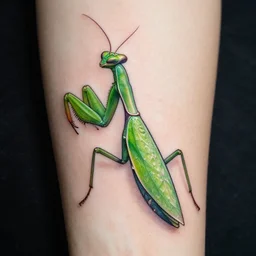 A spectacular green hierodula mantis mantids insect tattoo, award-winning trending stock photo, improved contrast, 4k