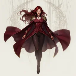 a highly detailed illustration of beautiful long dark red haired woman wearing wine red epaulette uniform and coat cape, dramatic floating pose, strings background, intricate, elegant, highly detailed, centered, digital painting, artstation, concept art, smooth, sharp focus, league of legends concept art, wlop