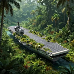 the aircraft carrier USS Nimitz overgrown with vegetation laying on the ground of a tropical forest, post appocalyptic, by Luis Royo, by Greg Rutkowski, dark, gritty, intricate, cover illustration, concept art, volumetric lighting, volumetric atmosphere, sharp focus, octane render, trending on artstation, 8k