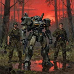 military mecha in the forest, puddles of water, red sundown, by scott listfield, simon stalenhag and ian mcque, washed colors, grainy