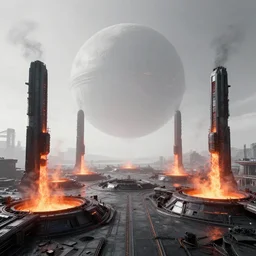 a minimalist alien planet scifi brutalist futuristic spaceship factory exterior with an iron forge smelting pits with columns of glowing plasma smoke, high dynamic range, ilm, beeple, star citizen halo, mass effect, bladerunner, elysium