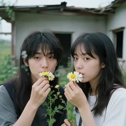 closeup portrait of a couple eating flowers, in a desolate abandoned house overtaken by nature, by Annie Leibovitz and Steve McCurry, natural light, detailed face, CANON Eos C300, ƒ1.8, 35mm, 8K, medium-format print