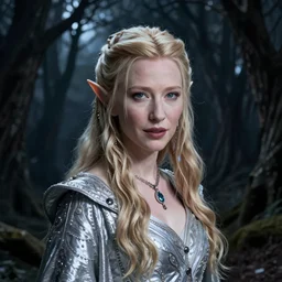 portrait of mischievous, dangerous Cate Blanchett's young Galadriel as a queen of elves, dressed in a refined silvery garment. The background is a inky, chilling eastern europen forrest.  night, horroristic shadows, higher contrasts, (((lumnious))), theatrical, character concept art by ruan jia, thomas kinkade, and J.Dickenson, trending on Artstation
