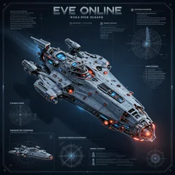 detailed infographic blueprint of a spaceship in the style of eve online