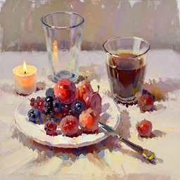 breakfast with berries and coffee, a small candle on the side, oil painting, glassware, thick strokes, vibrant, colorful, shiny, bright, reflections, sunlit, sharp, subsurface scattering, sharp edges, hazy, field of view