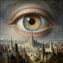 Sauron's Eye looming over Cities all over the world 1945, renaissance painting, award-winning.