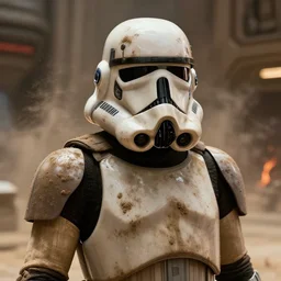 star wars film still, closeup portrait of a dirty sandtrooper in the spaceport of mos eisley, dust, scum and villainy, rim light, embers, hyper detailed, smooth, high contrast, volumetric lighting, george lucas, ralph mcquarrie, doug chiang, ryan church