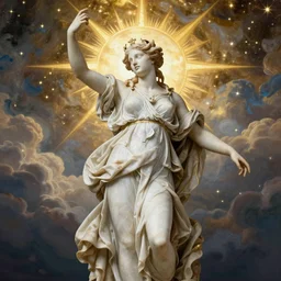 saint Woman, Venus, Athena, beautiful, gracious, baroque marble and gold in space, sistina, stars, sun, clouds