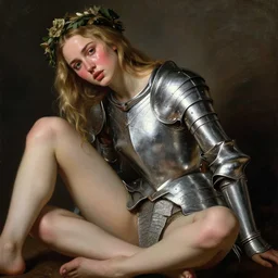 blushing, sweating, seductive young emilia clarke, blonde hair, wearing silver armour, posing seductive, looking seductively, ornate wreath, legs, oil painting by titian, hard focus
