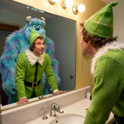 ultra wide angle photo of will ferrel dressed as buddy the elf, from the movie elf, looking at himself in a bathroom mirror and seeing his reflection as bumble, the abominable snow monster from the north