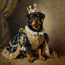 the royal king's rottweiler dog by greg hildebrant fancy rococo baroque regal puppy oil painting high quality award winning clothed in fancy garb