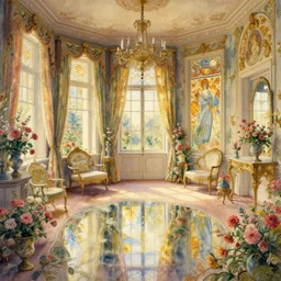 a beautifull intricate watercolour painting of a victorian room with flowers, reflexions, verry high details by william turner art, greg rutkowski and alphonse mucha, trending on artstation, very very detailed, masterpiece, golden hour lighting, wide lens,