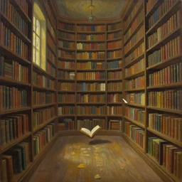 The sacred library by Simon Stålenhag and Thomas Kinkade, oil on canvas