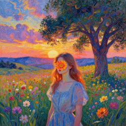 girl with an blooming flower face, surreal photography, dream, standing in flower field, hills, big trees, sunrise dramatic light, impressionist painting, colorful clouds, digital painting, pointillism, artstation, simon stalenhag