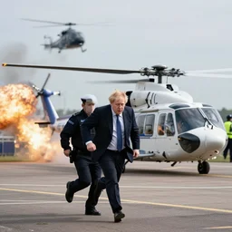helicopters and explosions in the background, cinematic shot of Boris Johnson running from the police