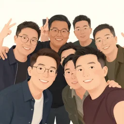 a detailed illustration of a small group of men posing for a selfie by jamie hewlett and timothy kong, trending on artstation