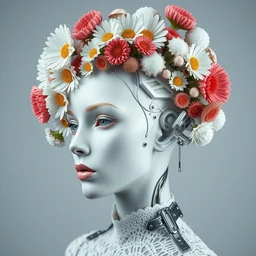 beautiful stunning biomechanical woman portrait with a smooth porcelain ivory profile face, futuristic haute couture, iris van herpin, headdress made of daisies, sponge corals, mushrooms, puffballs, white red rhizomorphs, laser cut paper lace collar, cyberpunk metallic brackets, octane highly render, 8 k, epic lighting
