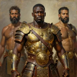 a powerful and muscular make african warrior , half body portrait, ornate armour, realistic oil painting by Thomas Cole and Wayne Barlowe and Boris Valejo
