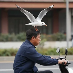 A seagull on too of the the head of a man, the man is riding an electric scooter, he has a seagull on his head