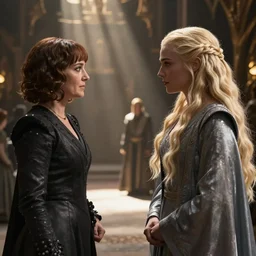 an image of cersei lannister and daenerys targaryen talking suspiciously in kings landing