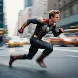 photo of evan peters, as quicksilver, racing at hyper speed thru the streets of nyc. ever thing is a blur via long exposure like effect, but he is in sharp focus.