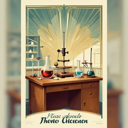 artdeco poster art digital art retro image of retro chemistry school equipment on a wooden school laboratory bench