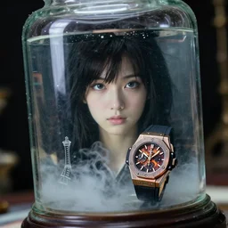 cinestill 5 0 d, 8 k, j. j abrams flare ; esoteric ultra realistic seinen manga hublot timepiece in ana meets ran ( 1 9 9 0 ) film still underwater scene in frontiers in glass plastic photography fashion magazine june seinen manga portrait closeup edition, hyperrealistic real - life seinen manga shaped mist occult figurine film still in victorian glass jar, releve pose, perfect eyes, tilt shift wide shot zaha hadid background