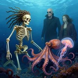 underwater photography of a human skeleton with dreadlocks in symbiosis with an octopus and a jellyfish, by amandine van ray and andreas franke and h. r. giger and andrew hem, digital illustration
