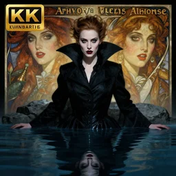 hyperrealistic portrait of amber heard as a vampire witch in a black coat as a reflection in water in stone. by jeremy mann and alphonse mucha, fantasy art, photo realistic, dynamic lighting, artstation, poster, volumetric lighting, very detailed faces, 4 k, award winning