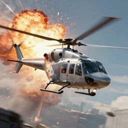 a futuristic cyberpunk helicopter in war scene, epic scene, big explosion, by greg rutkowski