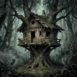 dilapidated rotting treehouse, hidden away within the witchwood forest, evil fairies, overgrown, mist, detailed intricate ink illustration, dark atmosphere, detailed illustration, hd, 4k, digital art, overdetailed art, concept art, by greg rutkowski, by loish, complementing colors, Trending on artstation, deviantart