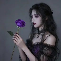 a gothic girl holding a purple rose and looking at it, artistic,