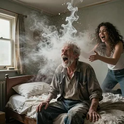 o hyper realistic photo in a small scruffy bedroom, a weathered old man with a beautiful woman's screaming face, feedback loop, burst of powders, spraying liquid, volumetric lighting, twisting vapour, bellowing dust, emerging hands, full colour, upscale, 4 k