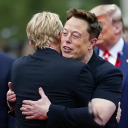 robert kiyosaki giving elon musk a hug while donald trump takes a picture of them with a polaroid at mar a lago hdr