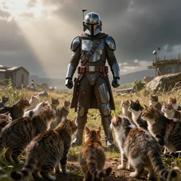 The Mandalorian surrounded by a herd of cats begging for food