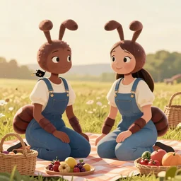 wholesome anthro ant girl overalls picnic, cottagecore girlfriends, trending on pintrest, golden hour, watercolor