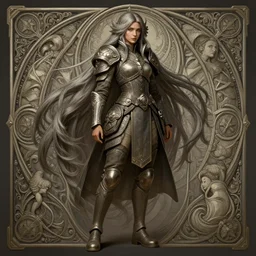 full body photograph of female soldier with exceedingly long hair, deep focus, intricate, elegant, highly detailed, digital painting, artstation, concept art, matte, sharp focus, illustration, d & d, fantasy, hearthstone, art by artgerm and greg rutkowski and alphonse mucha