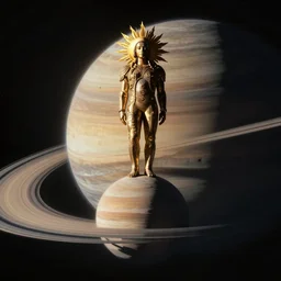 colossal sun ra standing on a tiny planet saturn