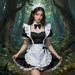 A sexy maid in a magical forest, fantasy art, in the style of Fernando Juarez, illustration, epic, fantasy, intricate, highly detailed, artstation, concept art, smooth, sharp focus