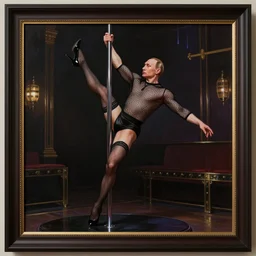 vladimir putin, wearing in stocking, mesh shirt,  in a strip club, dancing on a pole, elegant, digital painting, concept art, smooth, sharp focus, finely detailed illustration, beautifully framed, from Metal Gear, in the style of Artgerm and Greg Rutkowski and William-Adolphe Bouguerea