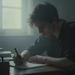 a painting of jeremy mann, a close up view of a young man writing on desk, dramatic vignette, dramatic lighting, afternoon dim light, dreamy, misty, desaturated, ominous, depressing, unsettling, creepy