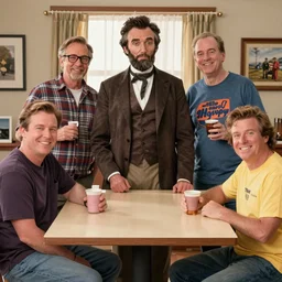 The It's Always Sunny in Philadelphia episode where the gang meets Abe Lincoln Dee is there with Mac and so is Dennis they are at the bar, photo realistic, studio lighting, It's Always Sunny in Philadelphia