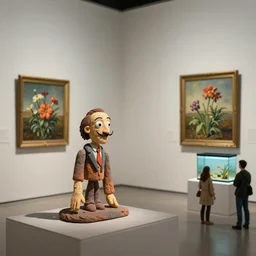 plasticine sculpture stop motion. salvador dali clay models. gallery. paintings of flowers. room with small hole in wall. minimal. tilt shift. fish tank. visitors. photorealistic. john craxton.