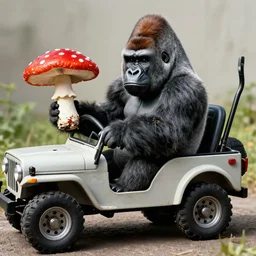 gorilla driving a jeep holding an amanita muscaria made by banksy