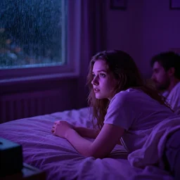 beautiful russian girl, laying next in bed with you watching tv, staring into your eyes, a lot of love feeling, semi dark room, purple ambience, memory picture, raining outside